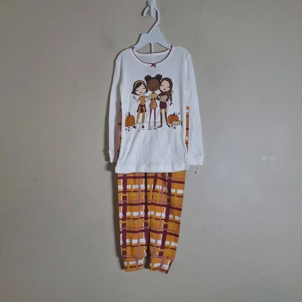 Cynthia Rowley Girls 4T White Multi Pumpkin Plaid Long Sleeve Fall Pajama Set